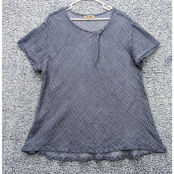 Flax Tops - Flax 100% Linen Short Sleeve Top Womens L Lagenlook Boho Lightweight Woven Blue